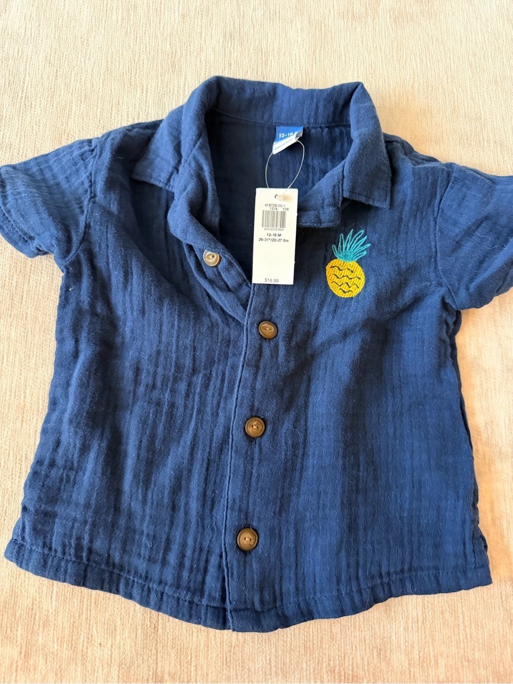 Old Navy Navy Button Front Shirt Pineapple Patch